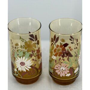 Vintage Floral Amber Patterned Glass‎ Tumblers Set Of 2